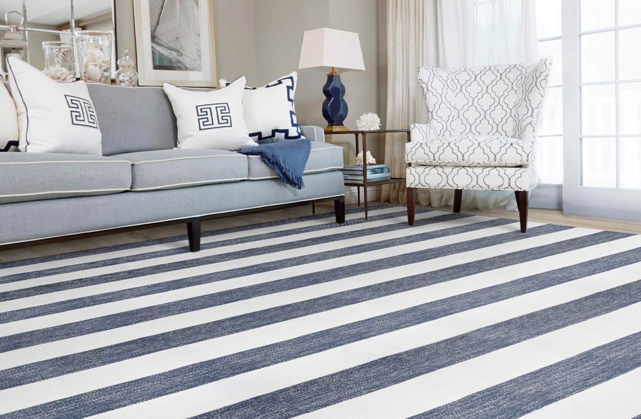 White and blue striped area rug